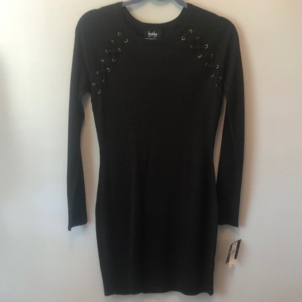 By & By Womens Size Medium Black laced Longsleeve knit bodycon dress- NWT
